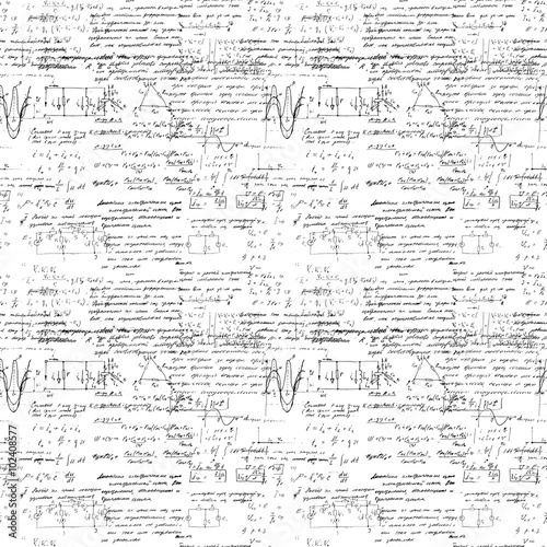 Math seamless pattern with handwriting of various operations and step by step solutions. Geometry, math, physics, electronic engineering subjects. Lectures. Endless natural hand writing on white.