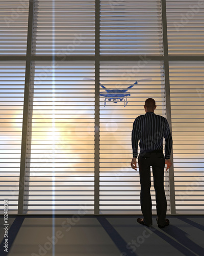 3D render of a UAV drone peering through a window with horizontal blinds as a human figure looks on. Fictitious UAV is a unique design. Motion blur and lens flare for dramatic effect.