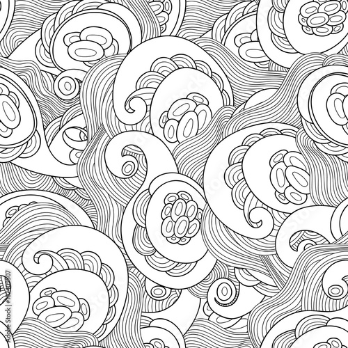 Vector doodle wavy seamless pattern. Hand drawn black and white vector background.