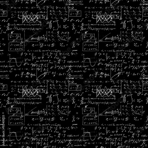 Seamless pattern, mathematical operations and elementary functions, endless arithmetic black background. Real handwritten solutions. Geometry, math, physics, electronic engineering subjects. Lectures.