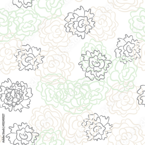 Romantic rose and peonies seamless pattern. Densely printed flowers love theme background. Pink rose, white and mint pastel colors.