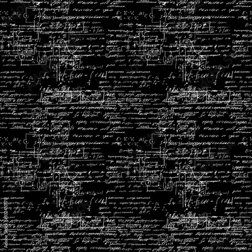 Seamless pattern, mathematical operations and elementary functions, endless arithmetic black background. Real handwritten solutions. Geometry, math, physics, electronic engineering subjects. Lectures.