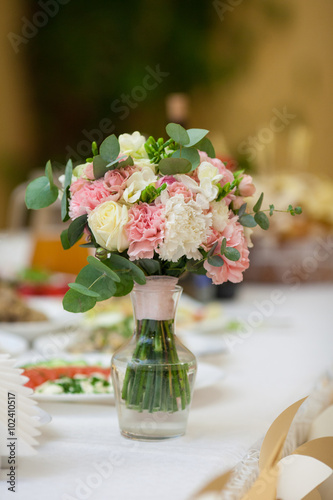 Closeup of flowers bouquet at luxury wedding reception
