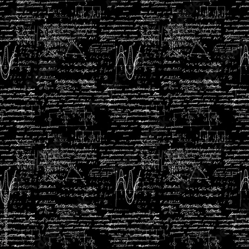 Seamless pattern, mathematical operations and elementary functions, endless arithmetic black background. Real handwritten solutions. Geometry, math, physics, electronic engineering subjects. Lectures.
