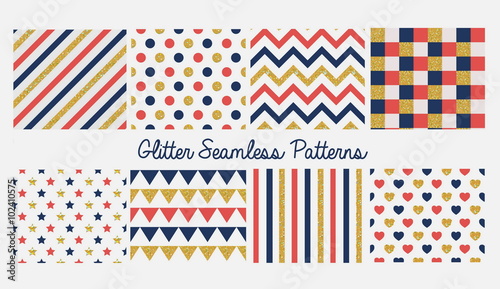 Set of seamless simple cute baby patterns with glitter elements. Includes blue, red and golden stars, hears, stripes, zigzag, flags, dots and pleat on white background.