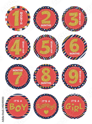 Monthly pregnancy belly stickers with glitter elements for photo and fun. Fancy childish background patterns. It is a boy and it is a girl labels for baby shower.