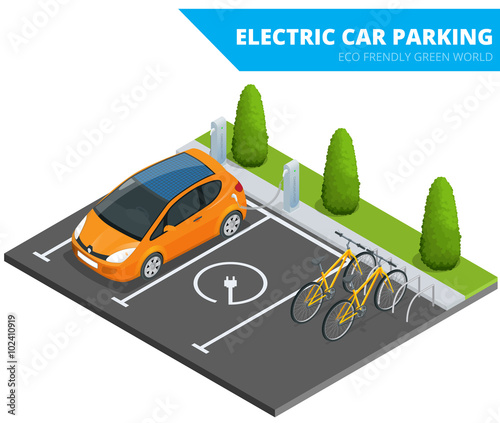 Isometric Electric car parking, electronic car. Ecological concept. Eco friendly green world. Flat 3d vector isometric illustration