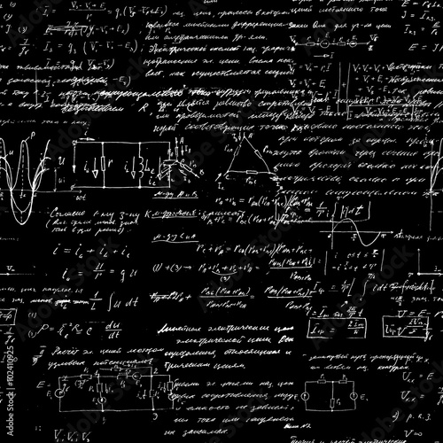 Seamless pattern of geometry, math, physics, electronic engineering subjects. Mathematics equation and calculations, endless hand writing. Black Background. 