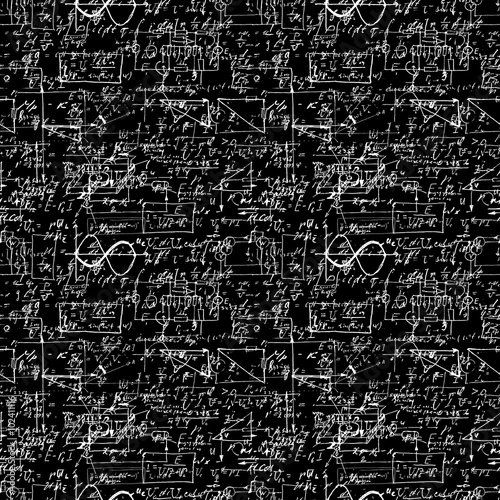 Seamless pattern of geometry, math, physics, electronic engineering subjects. Mathematics equation and calculations, endless hand writing. Black Background. 