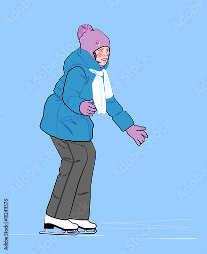 Girl learning to skate on figure skates at the rink.
