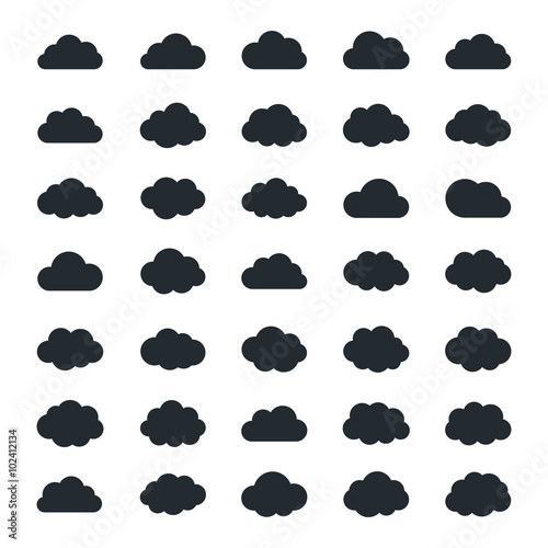 Very big set of thirty-five black cloud shapes, cloud icons for web and app, for cloud computing and so on isolated on a white backgroud in flat style