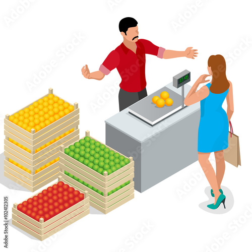 Beautiful woman shopping fresh fruits. fruit seller in a farmer market. Stand for selling fruit. Crate of apples, pears. Flat 3d isometric vector illustration for infographic