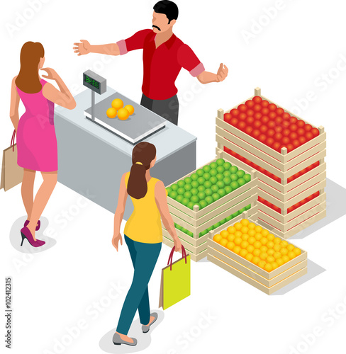 Beautiful woman shopping fresh fruits. fruit seller in a farmer market. Stand for selling fruit. Crate of apples, pears. Flat 3d isometric vector illustration for infographic photo