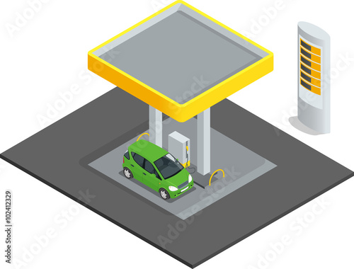 Small gas station. Gas petroleum petrol refill station cars. Flat 3d web isometric infographic concept vector. Refilling cleaning shopping service