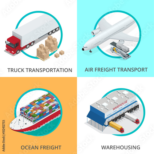 Global logistics network Flat 3d isometric vector illustration Set of air cargo trucking rail transportation maritime shipping On-time delivery Vehicles designed to carry large numbers of China cargo