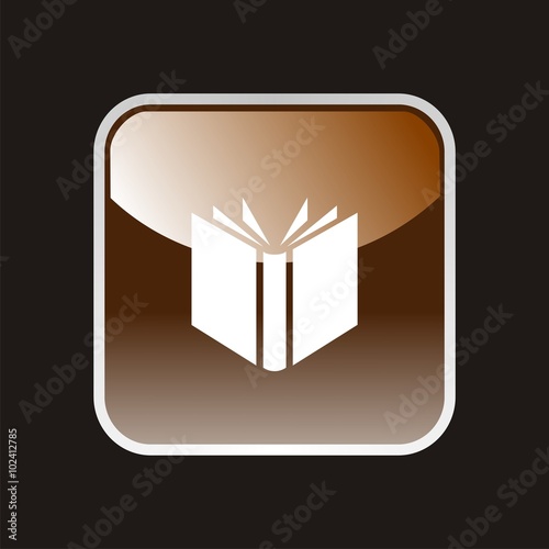 Icono de un libro abierto sobre un botón marrón. Ilustración vectorial