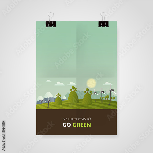 Eco flyer or cover design with cartoon abstract landscape illustration.
