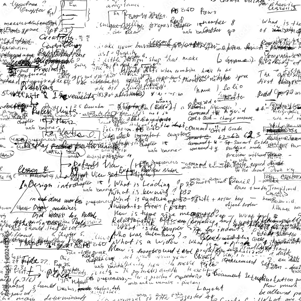 Vector seamless pattern with real hand written Latin text on white paper. Lectures archives on different subjects, such as graphic design, typography and web programming. Natural hand writing style. 