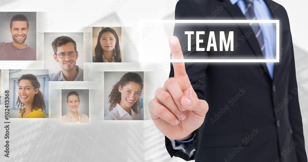 Composite image of mid section of businessman pointing something Composite image of mid section of businessman pointing something