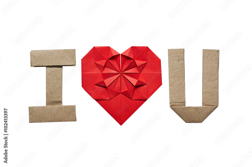 Origami text I LOVE YOU, U on white background isolated. Space for