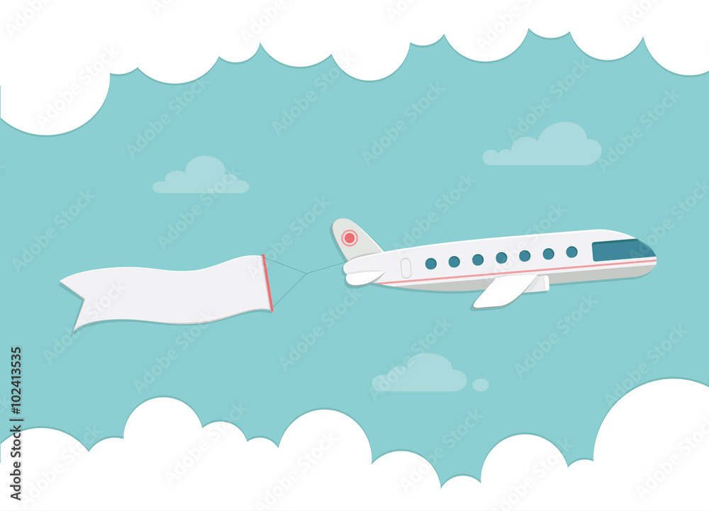 Small passenger plane carrying a banner. Flat style vector illus