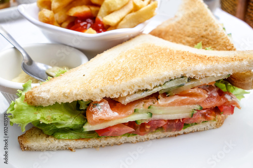 Sandwich with chicken, cheese and golden French fries potatoes