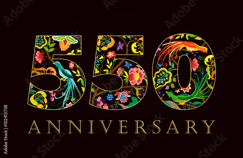 550 anniversary vintage colorful ethnic numbers. The template logo of 550th birthday in colored national patterns and the birds of paradise.