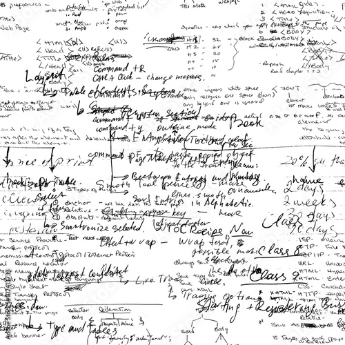 Vector seamless pattern with real hand written Latin text on white paper. Lectures archives on different subjects, such as graphic design, typography and web programming. Natural hand writing style. 