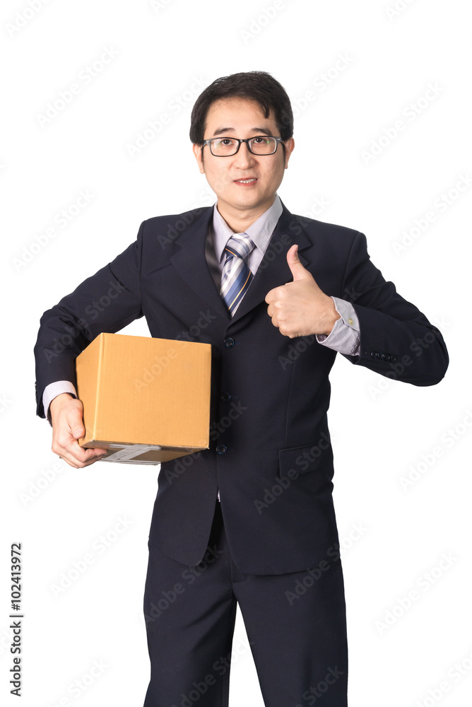 Asian businessman giving and carrying parcel, cardboard box, giv Asian businessman giving and carrying parcel, cardboard box, giv