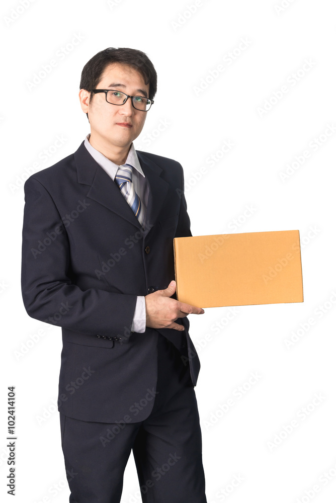 Asian businessman giving and carrying parcel, cardboard box, iso Asian businessman giving and carrying parcel, cardboard box, iso