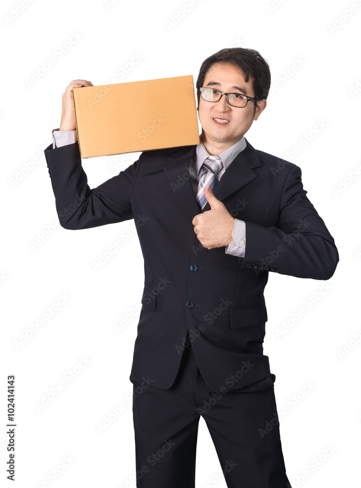 Asian businessman giving and carrying parcel, cardboard box, giv Asian businessman giving and carrying parcel, cardboard box, giv