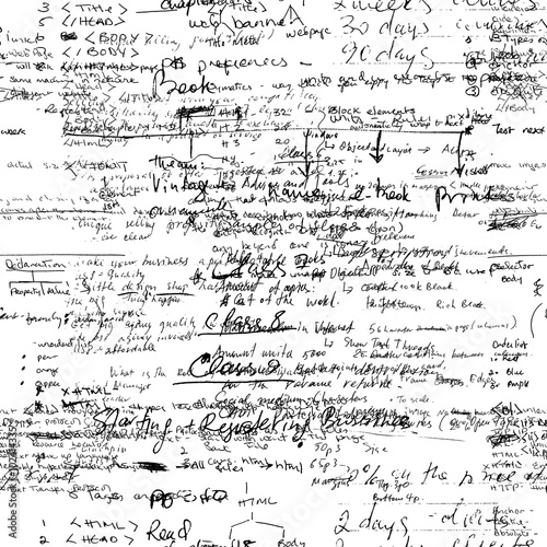 Vector seamless pattern with real hand written Latin text on white paper. Lectures archives on different subjects, such as graphic design, typography and web programming. Natural hand writing style. 