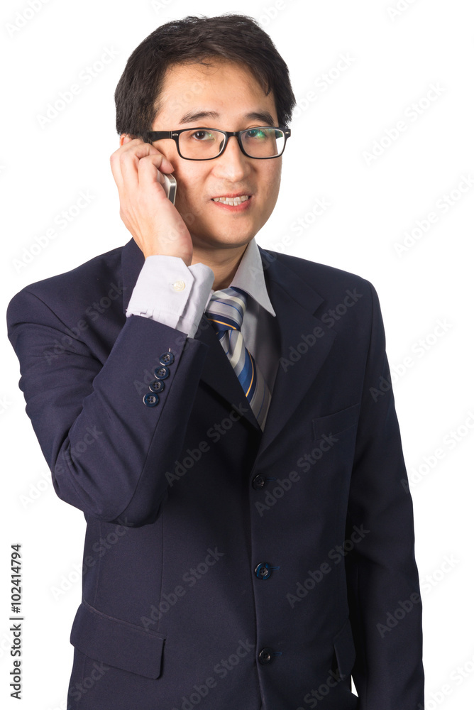 Asian businessman with mobile phone in hand isolated on white ba Asian businessman with mobile phone in hand isolated on white ba
