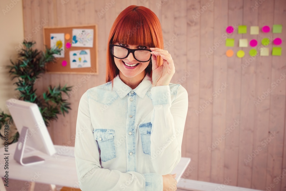 Composite image of portrait of a hipster woman front of post-it Composite image of portrait of a hipster woman front of post-it