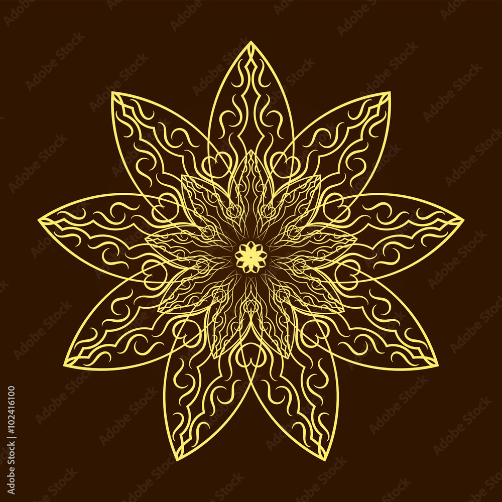 Hand drawn gold flower mandala over dark brown