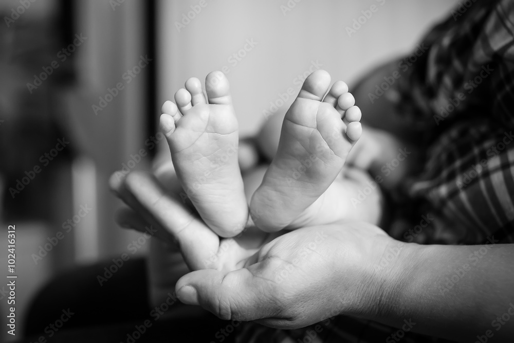 Baby feet in mother hands. Black-and-white photo. Baby's feet in Baby feet in mother hands. Black-and-white photo. Baby's feet in