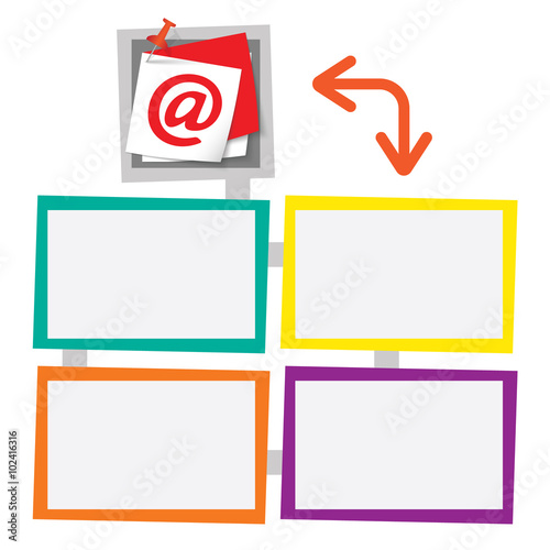Four colored frames for your text with pushpin and email symbol