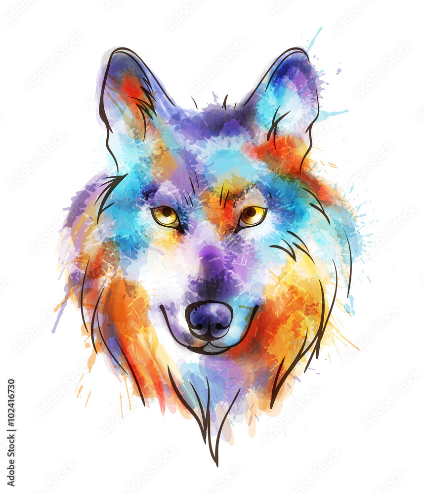Obraz Głowa kolorowego wilka akwarela