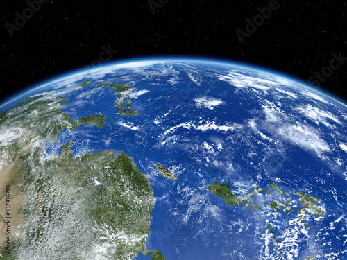 Earth from satellite. View of east Asia and Pacific Ocean from space. 3D realistic illustration.