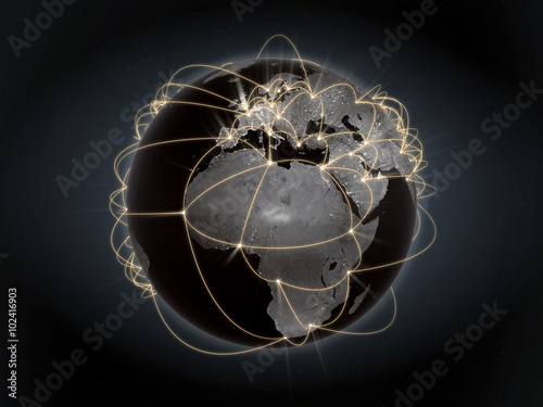 Global network, internet concept. View of Europe and Africa. Orange version.