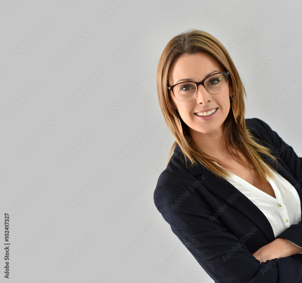 Closeup of beautiful woman with eyeglasses, isolated Closeup of beautiful woman with eyeglasses, isolated