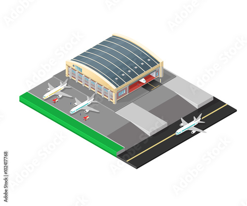 Isometric airport hanger with plane and mechanics.
Jet passenger planes undergoing maintenance and storage.