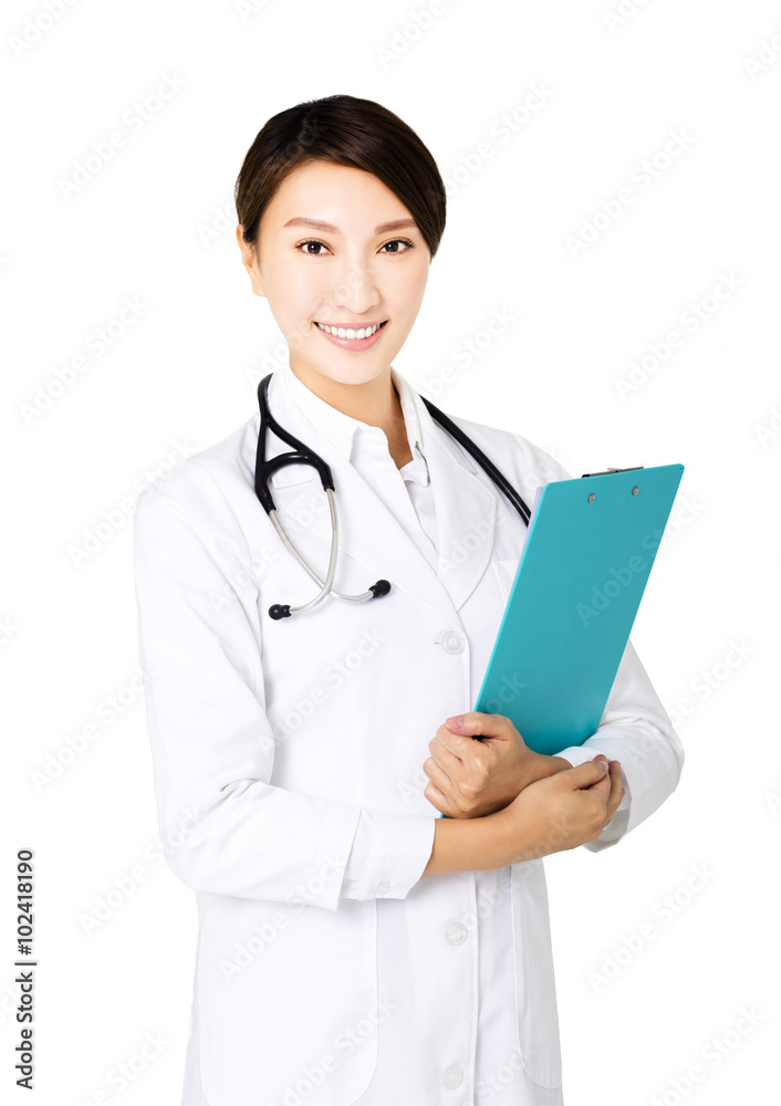 Friendly young female doctor isolated on white