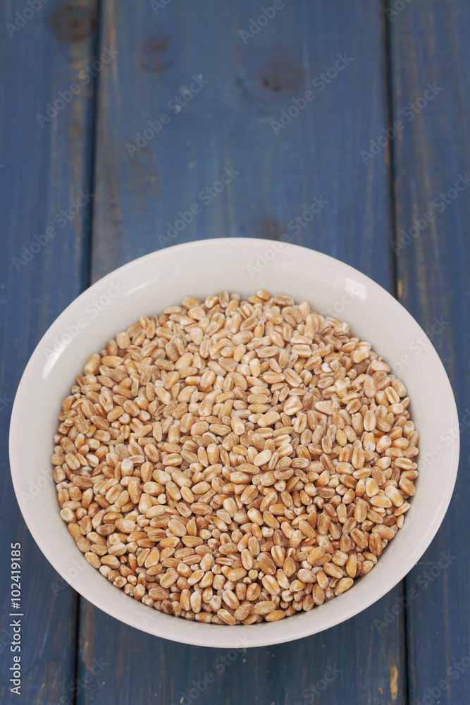 spelt in white bowl on blue wooden background spelt in white bowl on blue wooden background