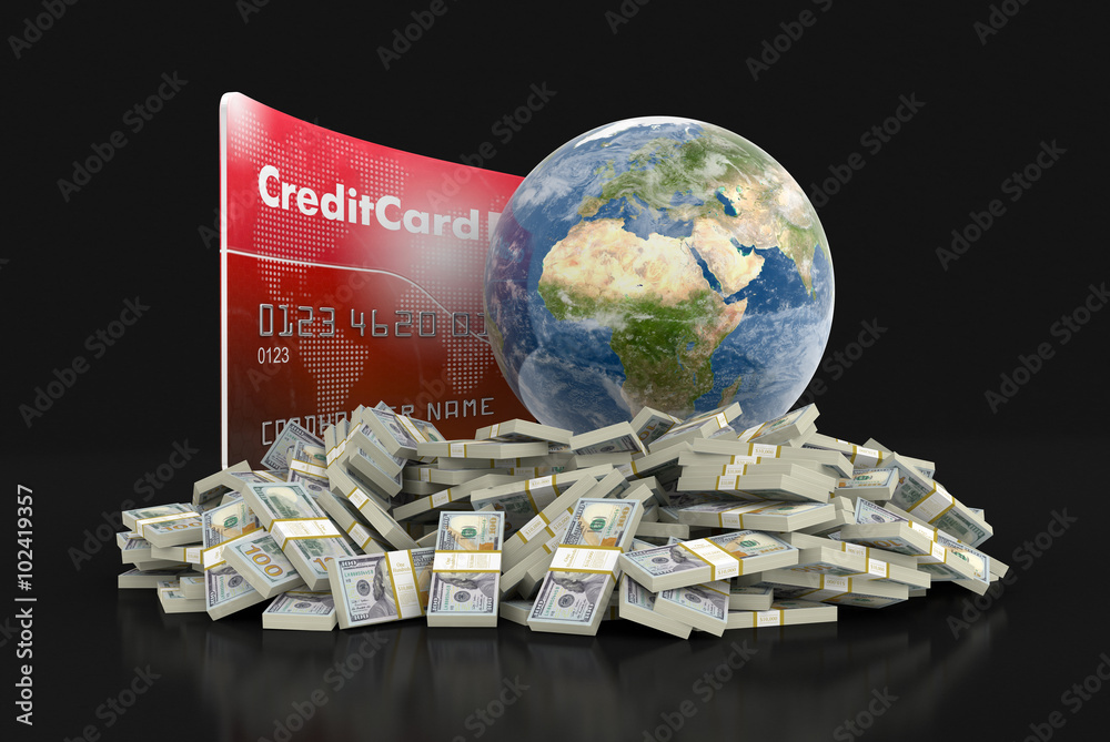 Fototapeta premium Credit Card with Globe and dollars (clipping path included)