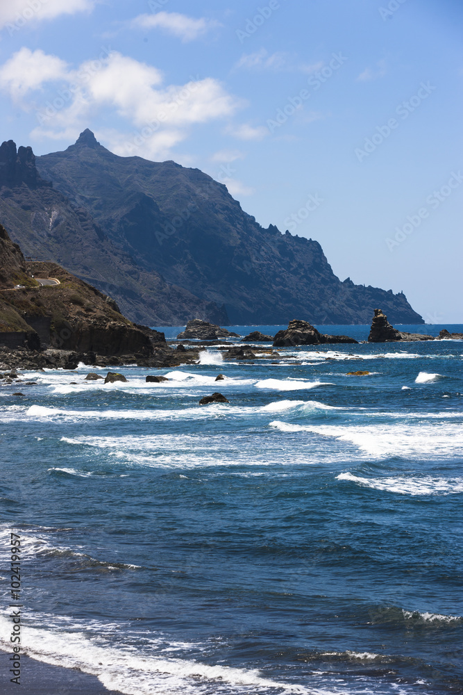 Cliffs in the Anaga Mountains beach sector with Playa de Roque de las Bodegas in the northeast of Tenerife in the village.Almaciga, Tenerife, Canary Islands, Spain, Europe