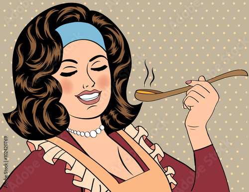 pop art retro woman with apron tasting her food