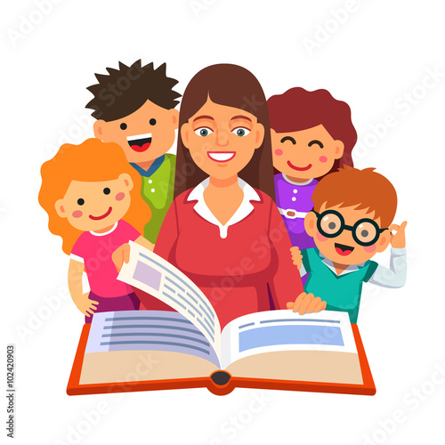 Teacher reading big book to young little students