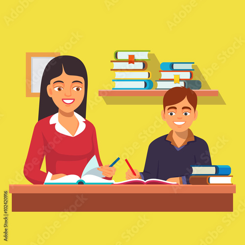 Woman teacher tutor tutoring boy kid at home