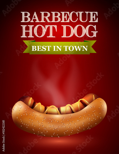 Hot dog in a bun with mustard on a red background. Vector illustration.